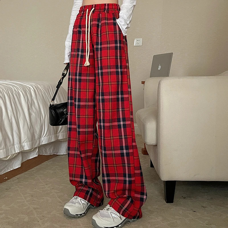 Women High Waist Y2k Loose Straight Leg Pants Lady Korean Harajuku Baggy Wide Leg Trousers Female Casual Grunge Red Plaid Slacks 240821
