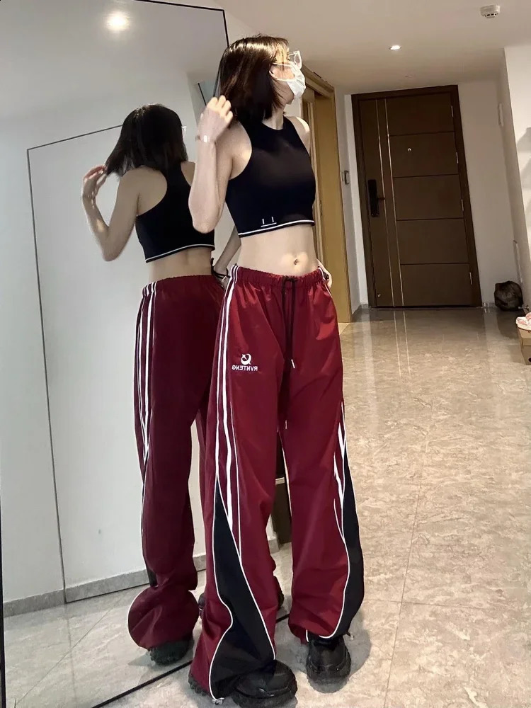 HOUZHOU Vintage Y2k Track Pants Women Hip Hop Gyaru Wide Leg Sports Pants Casual Oversized Parachute Trousers Korean Streetwear 240821