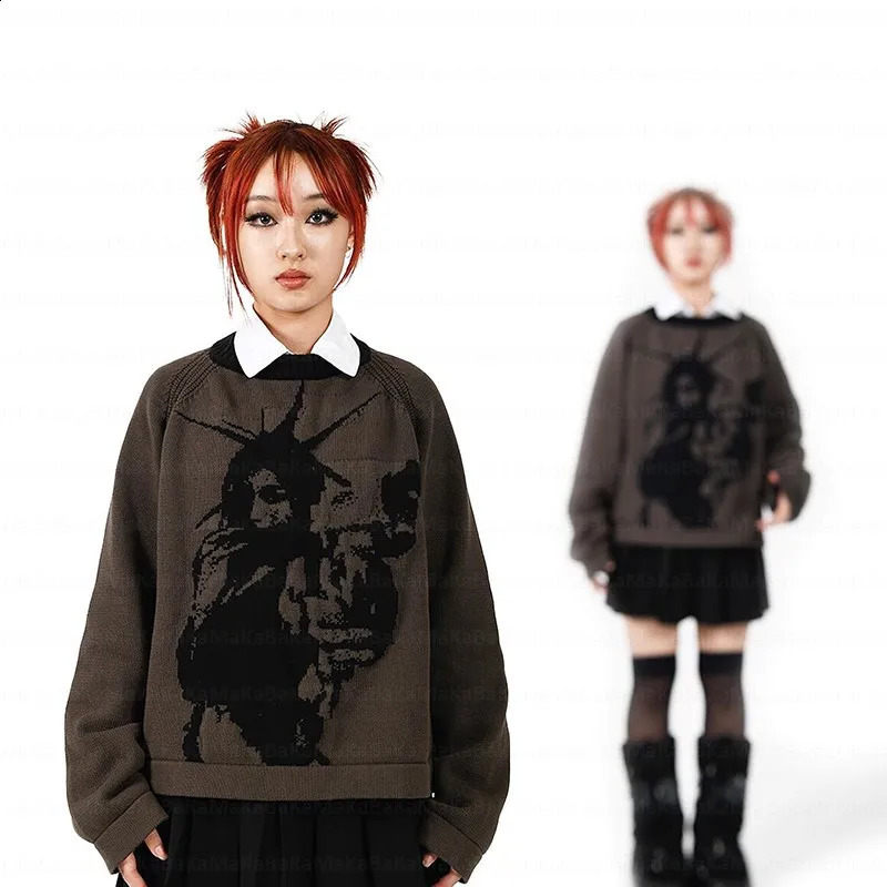 Gothic Sweaters Pullover Unisex Women Hip Hop Streetwear Harajuku y2k Oversized Sweater Vintage Angel raises gun Knitted Cotton 240821