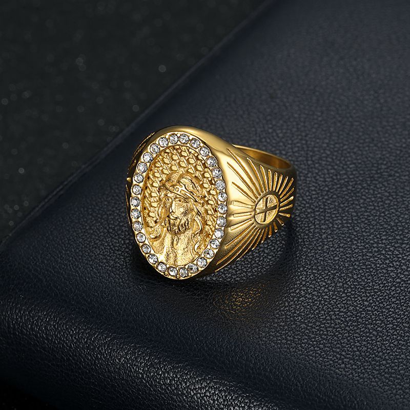 Casting Jesus Face Ring 316L Stainless Steel Gold Plated with Zircon Jewelry