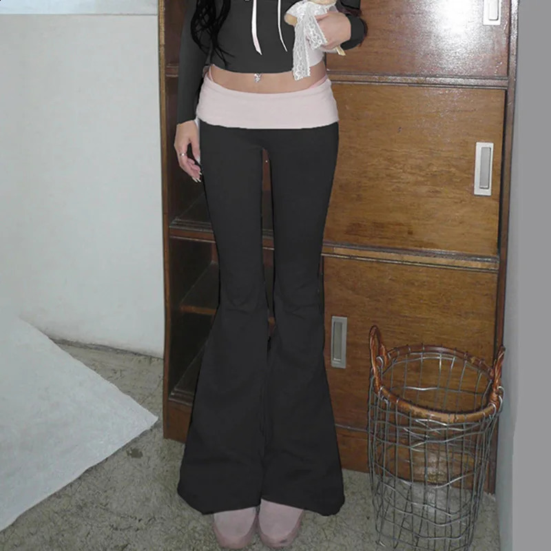 Casual Contrast Color Patchwork Flare Pants Grey Black High Waist Slim-fitting Boot Cut Leggings Jogger Sweatpant Sports Sets 240821