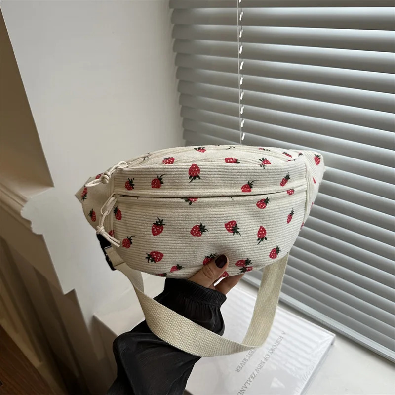 Waist Bag Women Men Corduroy Fanny Pack Strawberries Pocket Fashion Chest Handbag Sports Travel Purse Plaid WaistPack Belly Bags 241227