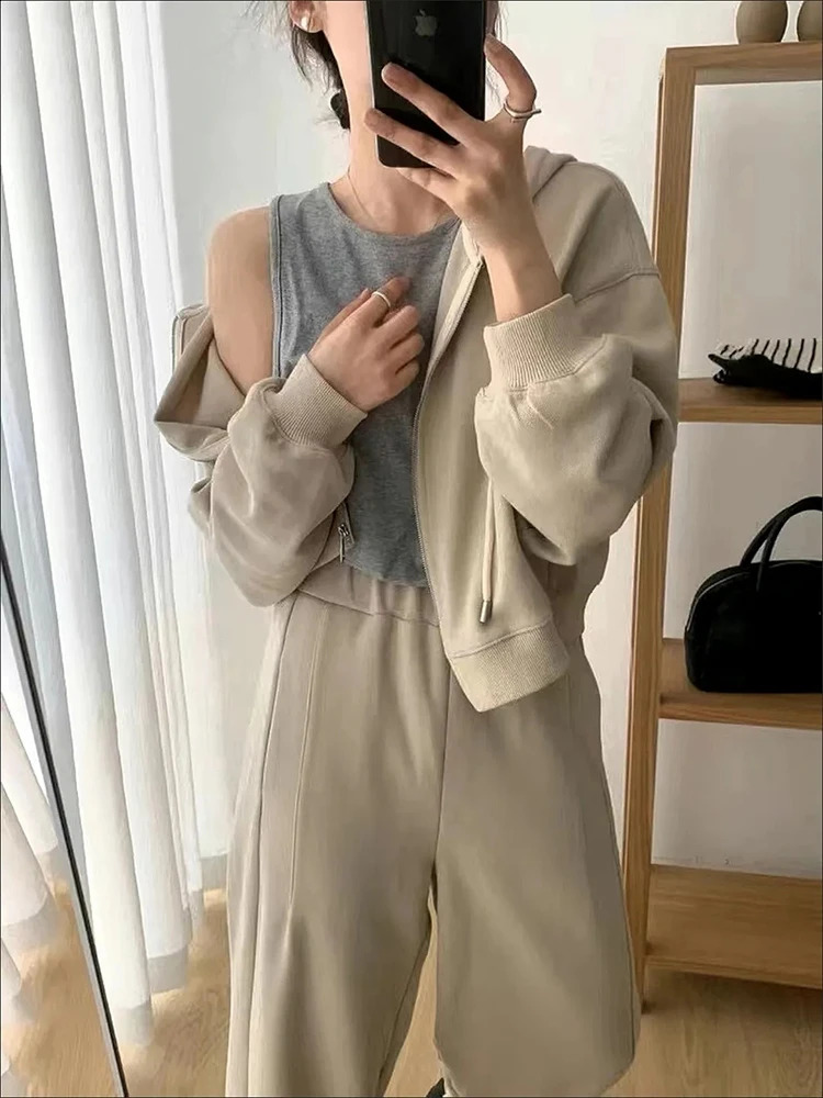 Loose sweatshirts casual korean Women 2 Piece Set zip hooded coats tops Conjunto high waist lace up wide leg sweatpants outfits 240821