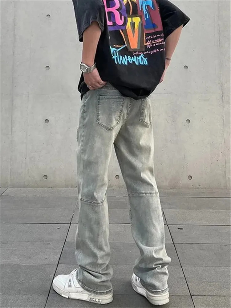 Jeans Mens High Street Ripped Straight Trousers Button Pocket Washed Solid Color Loose Trousers A168 240821