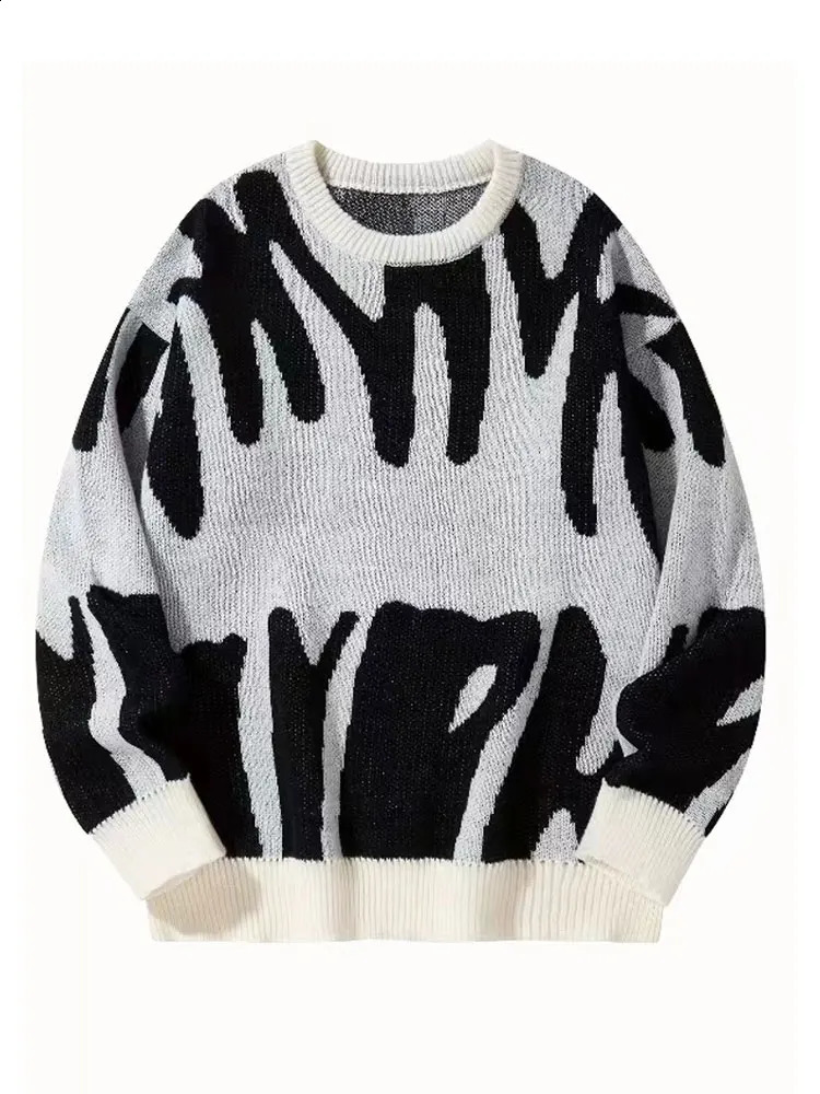 Autumn and Winter Abstract Letter Jacquard Sweater Mens Color Contrasting Round Neck Retro Loose Knitted Sweater 240821