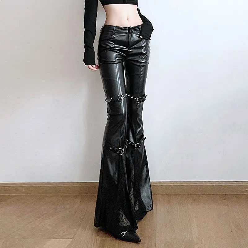 PU Leather Flare Pant Goth Buckle Lace Patchwork Pants Women Fashion Y2K Streetwear Vintage Aesthetics Casual Trouesrs 240821