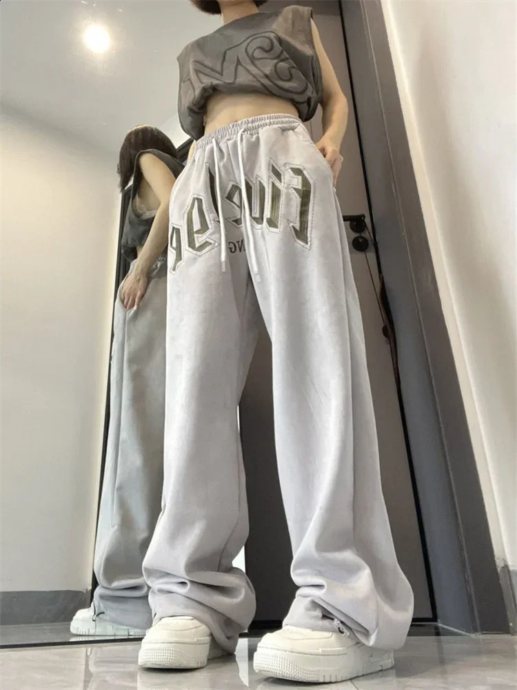 QWEEK Hip Hop Gray Joggers Sweatpants Women Oversized Letter Embroidery Streetwear Black Track Pants Y2K Kpop Jogging Pantalon 240821