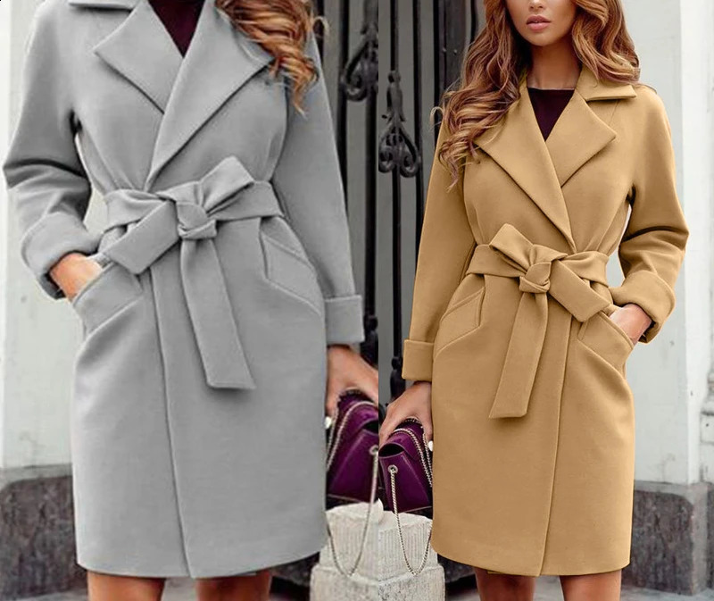 Autumn and Winter Womens Fashionable Slim Fit Temperament Woolen Coat Suit Collar Belt Slim Tie Long-sleeved Woolen Coat 240822