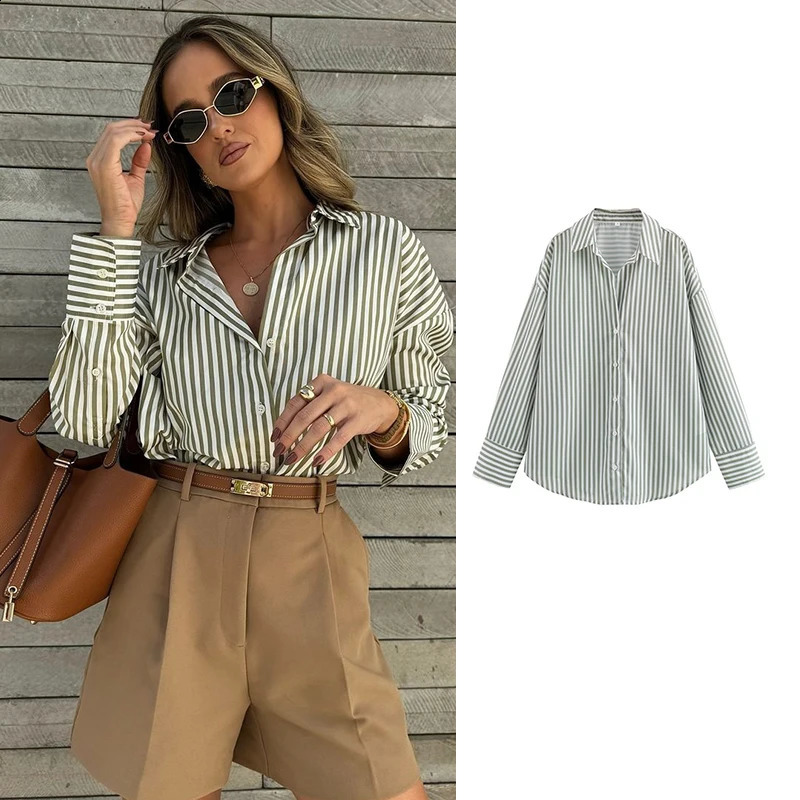 TRAF Shirts Summer Womens Tops 2024 Chic Striped Loose Blouses Street Elegant Joker Youth Shirt 240821