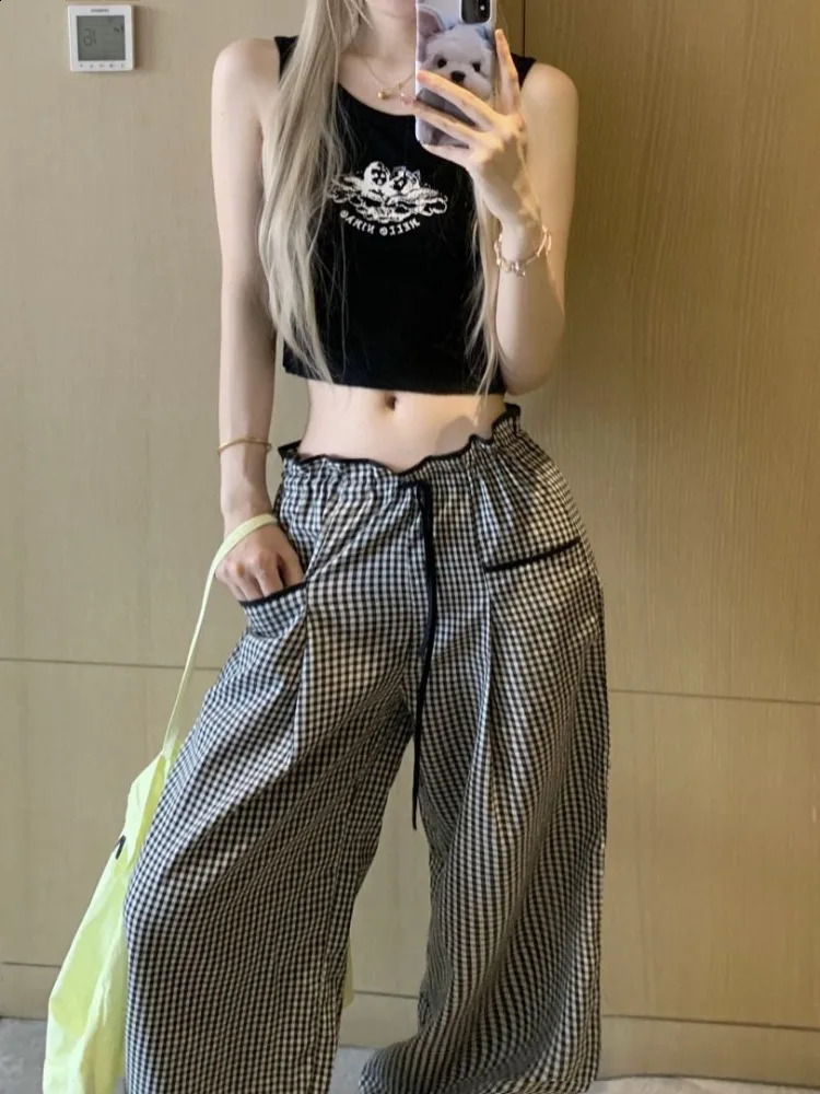 HOUZHOU Vintage Y2k Baggy Plaid Pants Woman Korean Fashion Harajuku Japanese Style Streetwear Casual Check Oversize Trousers 240821