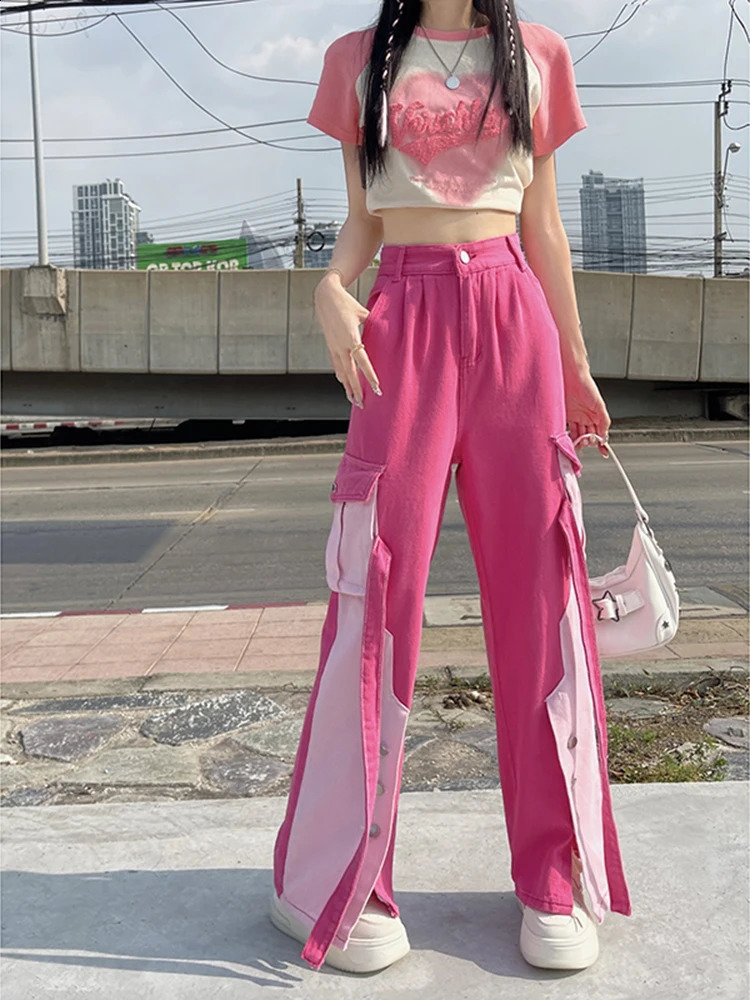 Pink Women Cargo Pants Loose Baggy Pants Korean Fashion High Waist Trousers Moda Pantalones Anchos Y Sueltos Mujer 240821