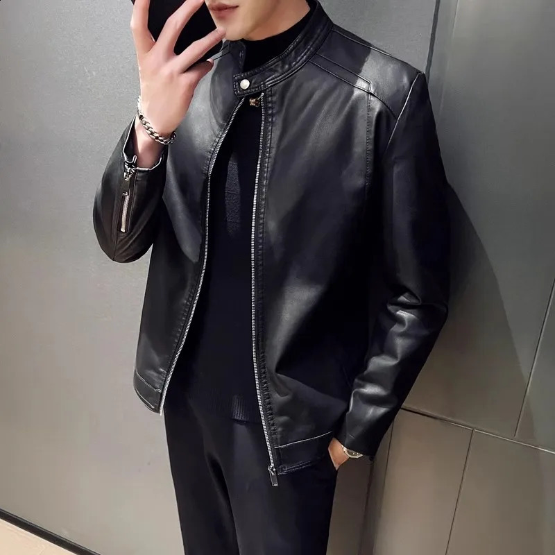 Men Leather Jacket Classic Slim Fit Motorcycle PU Leather Jacket Solid Color Standing Collar Men Large Black Leather Jacket 240822