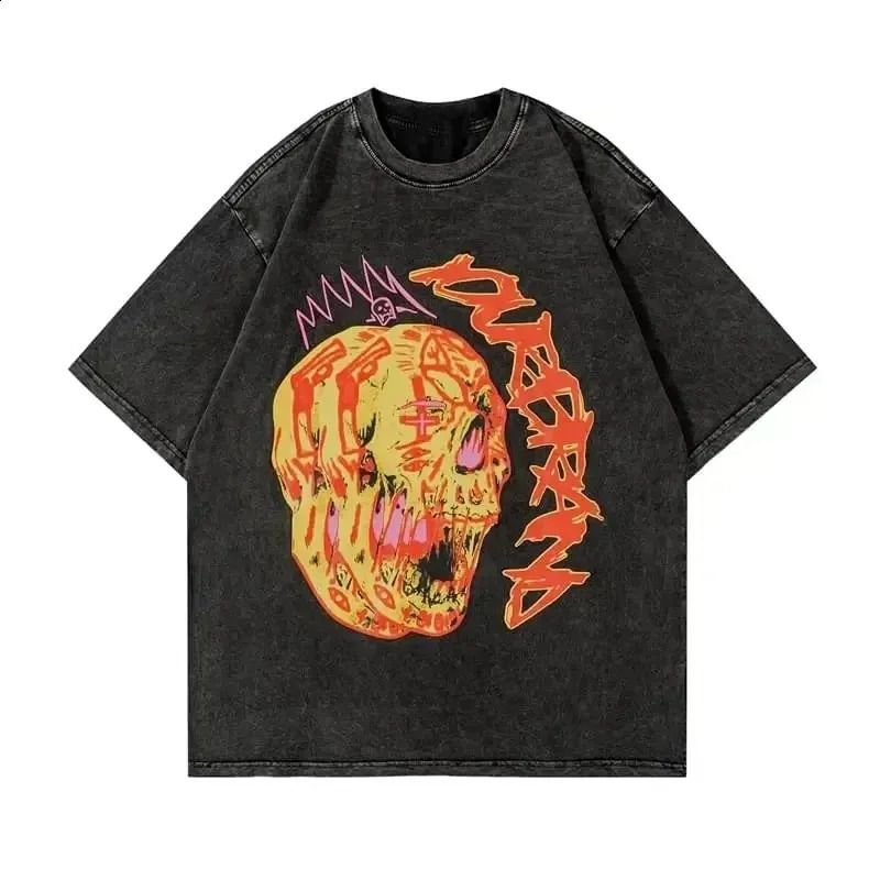 Summer mens retro washed Tshirt anime gothic streetwear punk unisex short sleeved top Y2k oversized 240822