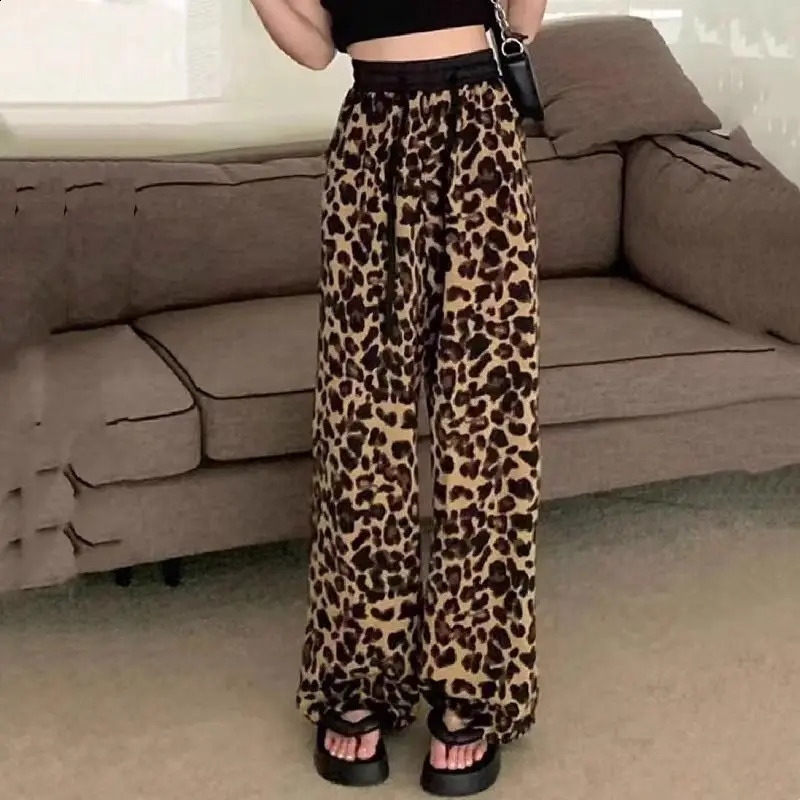 Fashion Leopard Ladies Elastic Waist Printing Straight Temperament Wide Leg Pants Spring Autumn Casual Womens Clothing 240821