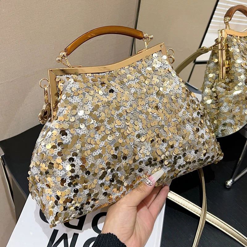 Fashion Women Evening Clutch Metal Glitter Sequin Purple Gold Chain Shoulder Bags Wedding Prom Handbags 240822