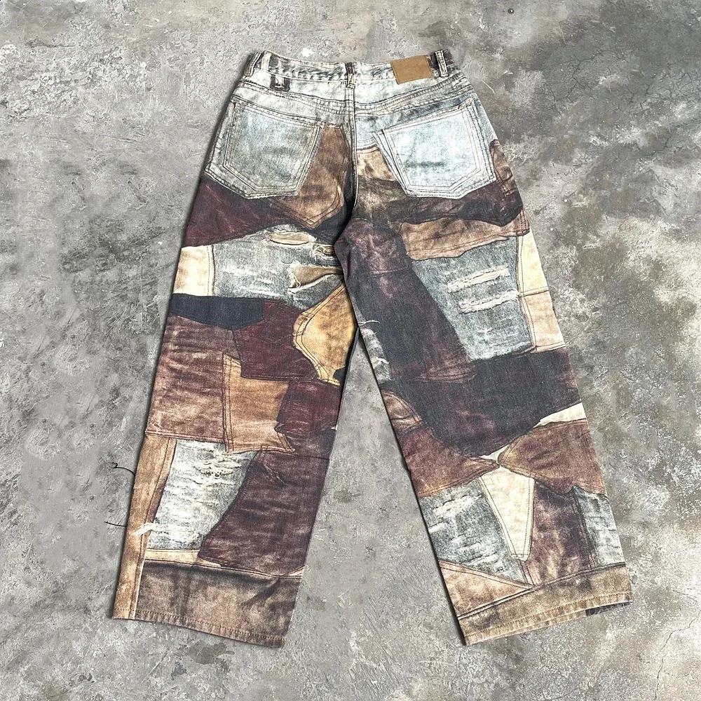 Yao888 Fashion Niche Graphics Print Casual Pants Vintage Streetwear Loose All Match Trousers Y2k Retro Jeans For Men 240812