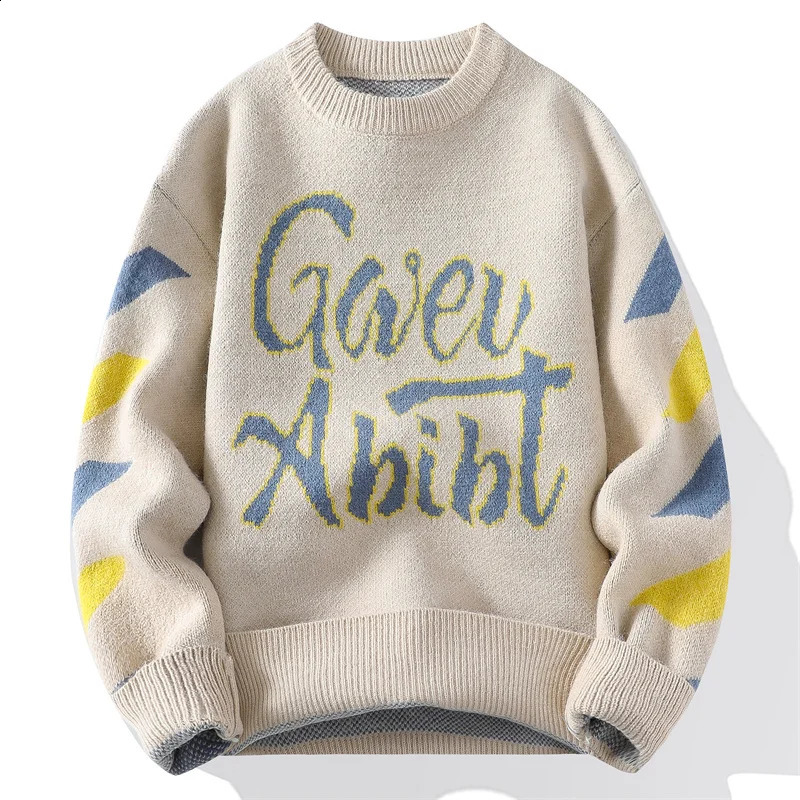 Sweater mens knitted letter printed sweater wool latte art retro color block top 240821