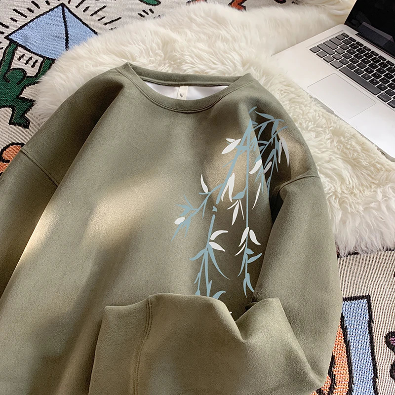 Harajuku Bamboo Leaf Pattern Sweatshirt Fall Heavyweight Suede Sweatshirt Casual Plus Size Round Neck Pullover Hoodie 240821