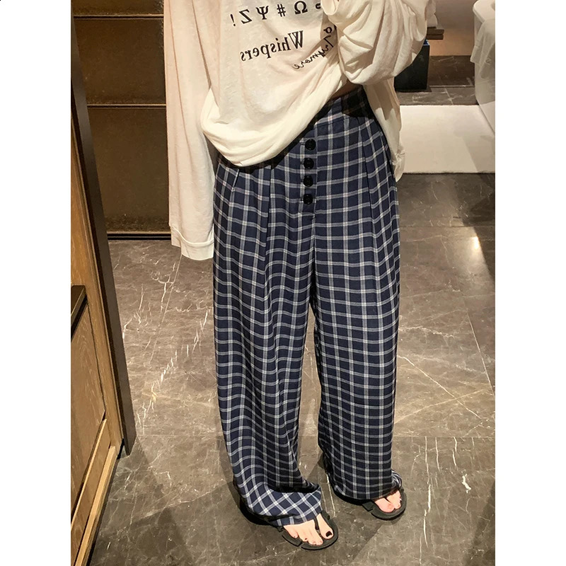 Plaid Blue Straight Long Pant Woman High Waist Buttons Pockets Loose Trousers Autumn Casual Harajuku Streetwear Baggy Pants Y2k 240821