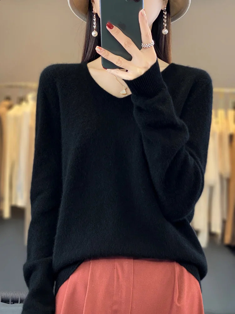Fashion Women Cashmere Sweater 100% Merin Wool Pullover V-neck Casual Knitwear Long Sleeve Autumn Winter Basic Clothing Tops 240822