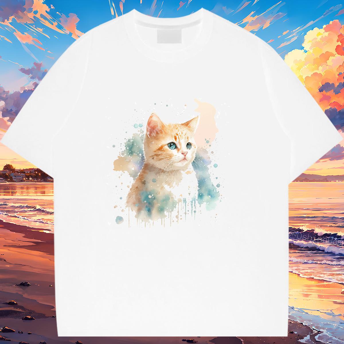 DIY T-Shirts for Women Breathable Short Sleeve 230g Pure Cotton Lady T shirt DIY Printed cat Daily Wear Unisex Clothings