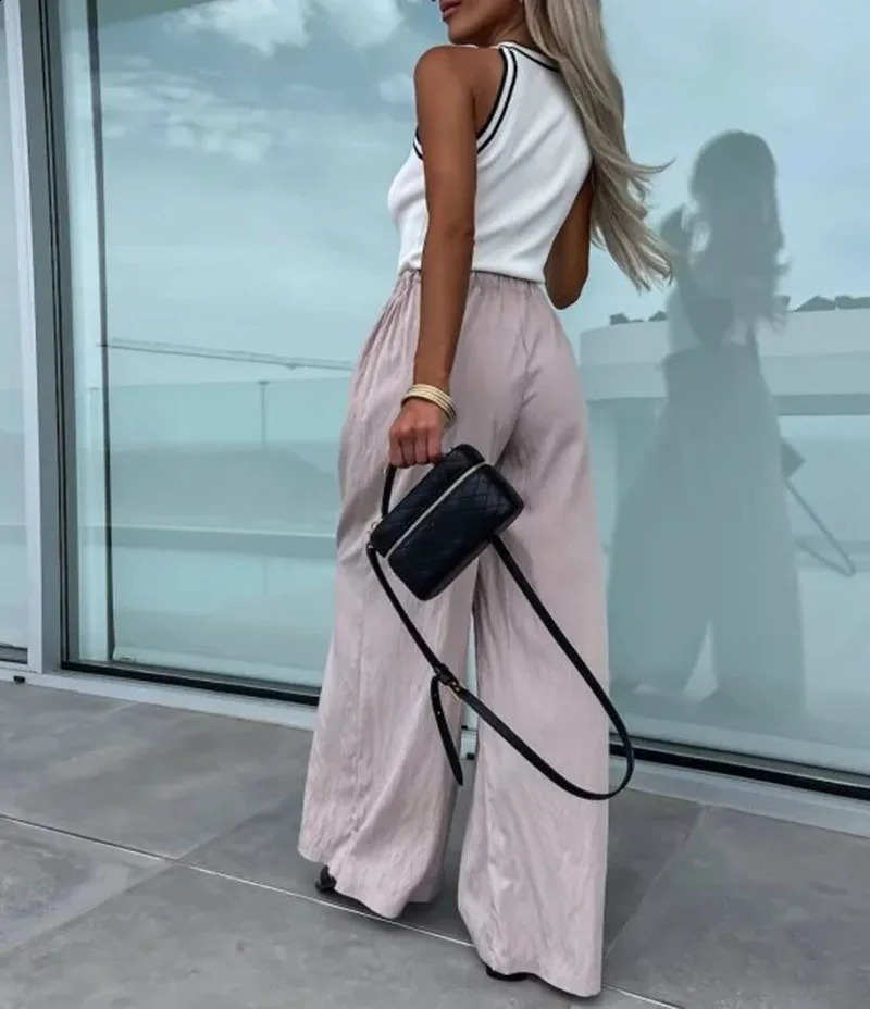 Womens Y2K Casual Solid Pants Drawstring Elastic Waist Loose Straight Long Trousers with Pockets Streetwear 240821