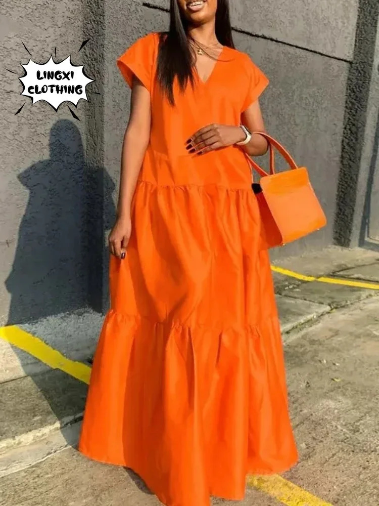 Autumn Womens Large Size Loose Elegant Womens Dress V-Neck Temperament Gathering Womens Gown Sexy Holiday Dress 240822