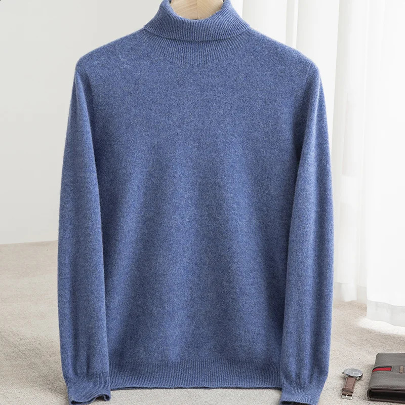 Men 100% Merino Wool Sweater Turtleneck Knitted Pullover Cashmere Warm Solid Color Clothes Business Bottoming Tops Autumn Winter 240821