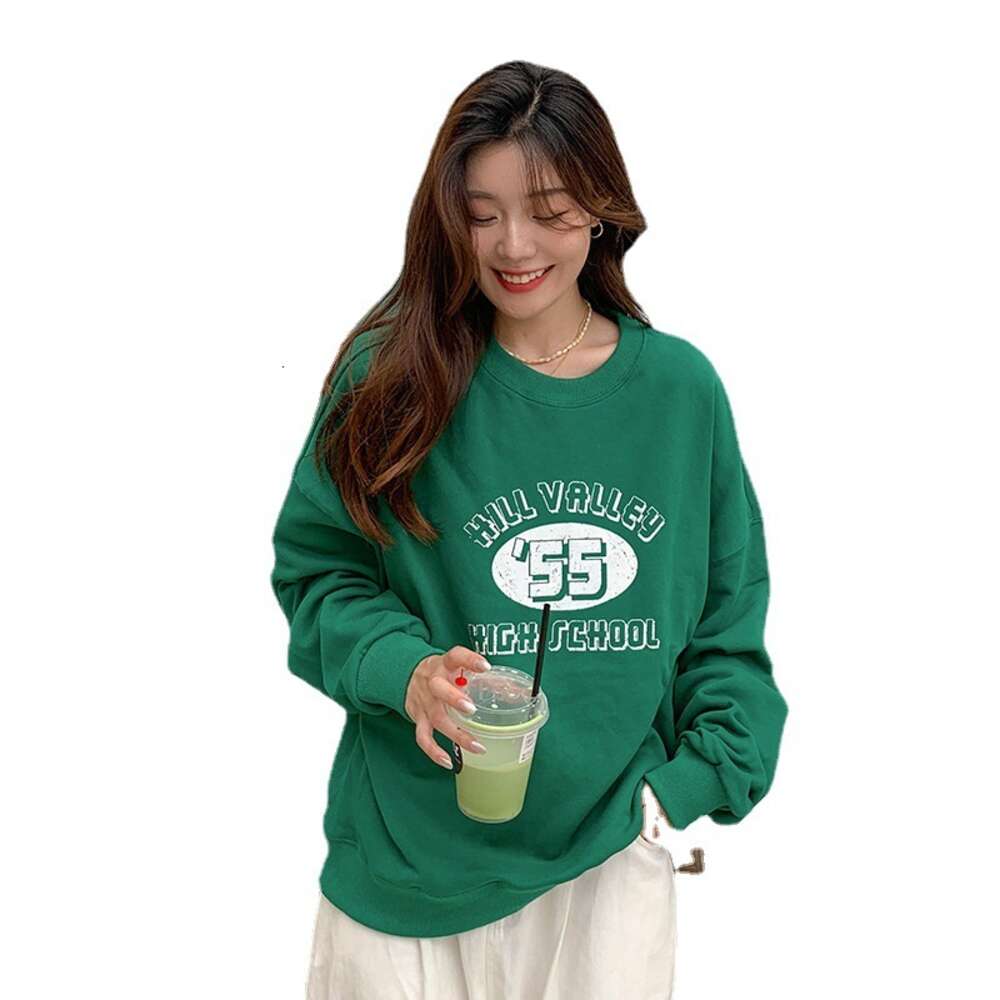 Shoulder hugging back collar, American number letter printed round neck hoodie, women's long sleeved autumn thin top dongdumaoyi