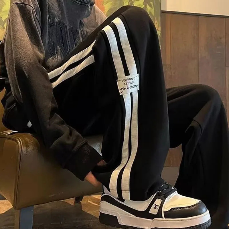 summer simple tall long striped pants mens summer draping large size sweatpants loose wide leg casual pants 240822