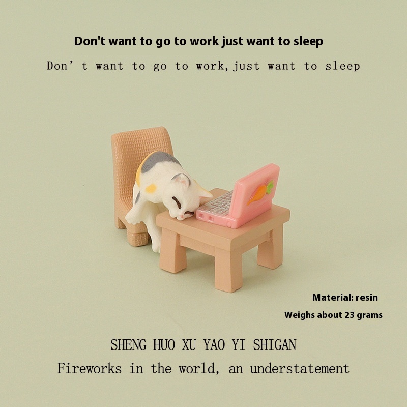 Charming 'No Desire to Work' Mini Cat Figurine & Baby Room Decor Collection for Office Space Personalization