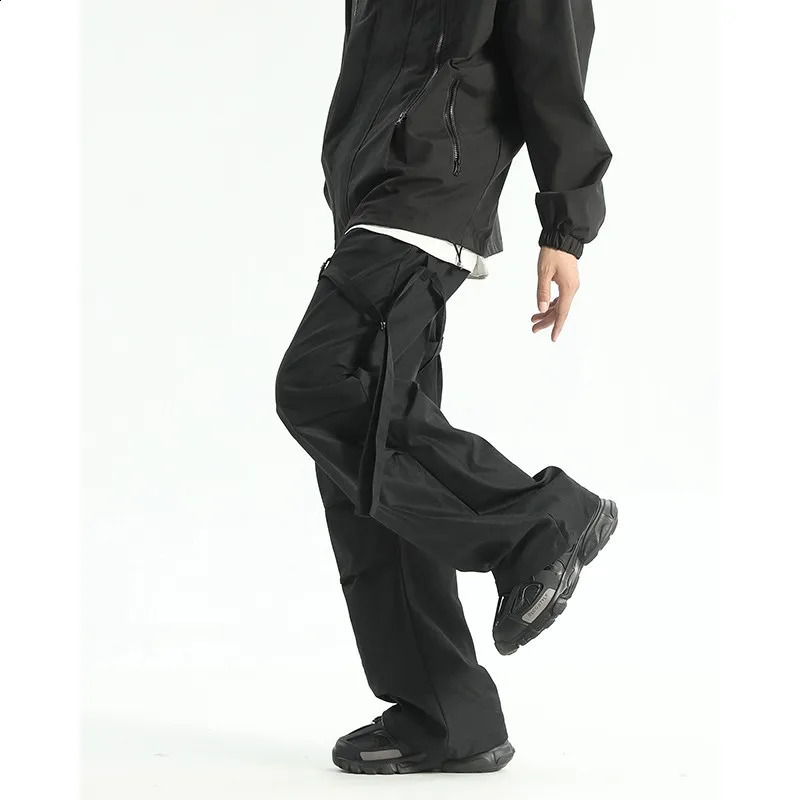 Autumn Mens Baggy Pants Ribbons Pockets Knee Pleated Loose Long Straight Hip Hop Trousers Male Oversized Cargo Pants 240822