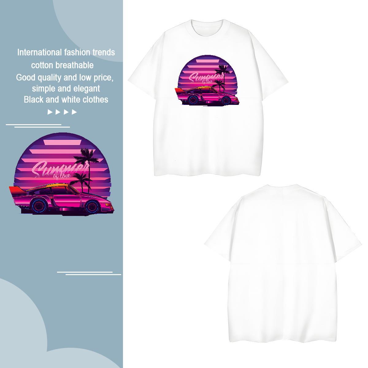 Popular car T-Shirts Street Men Tshirts 100% Cotton 230g 2024 Crew Neck Breathable Cartoon Print Tops