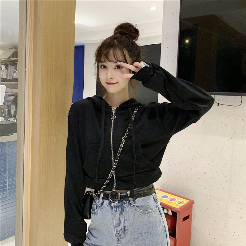 autumn new women's cardigan long sleeved sweatshirt jacket women hooded high waisted solid color short top ins trend dongdumaoyi