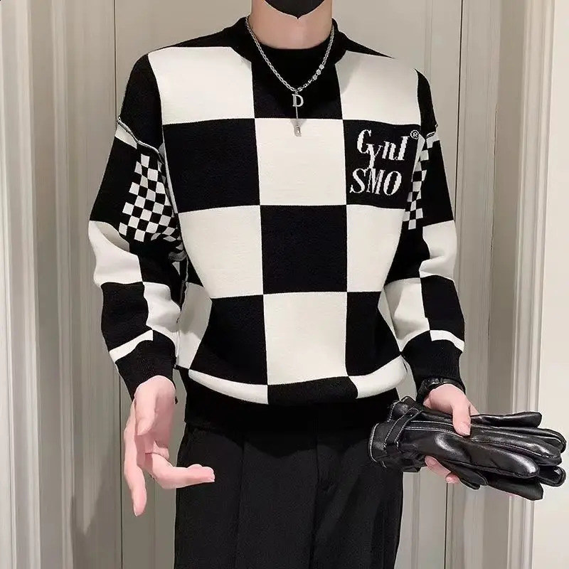 Mens Fashion Round Neck Patchwork Sweater Autumn Winter Contrast Color Printed Letter Long Sleeve Loose Casual Knitted Tops 240821