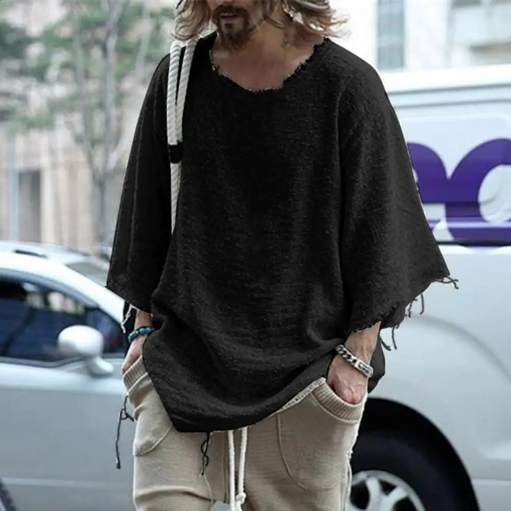 Mens solid color loose streetwear long sleeved burr edge top used for dating mens pull-out streetwear Ropa 241118CJ