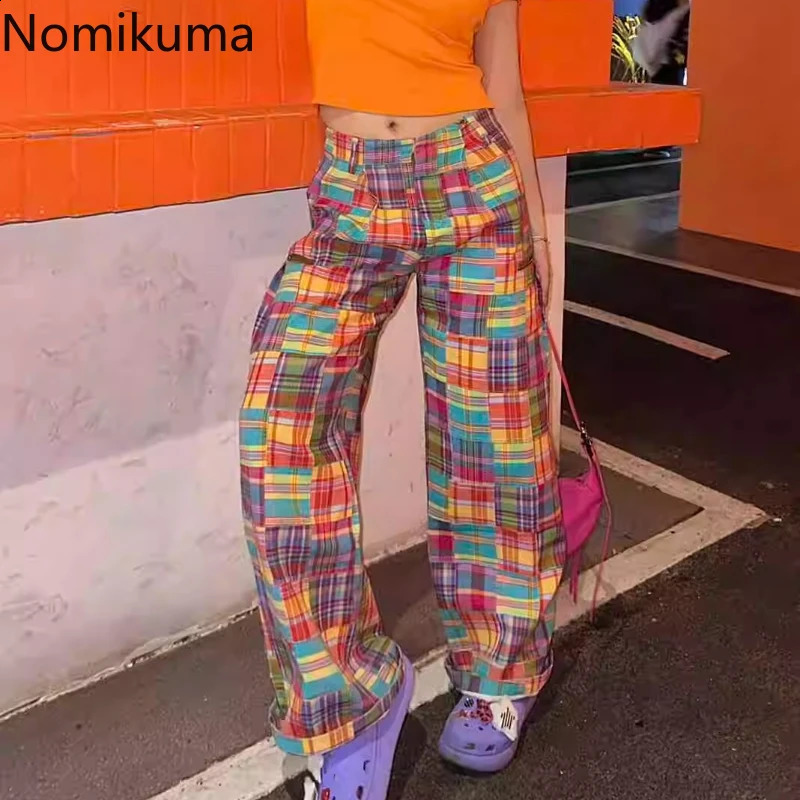 Y2k Wide Leg Pants for Women Bottoms Fashion Rainbow Plaid Trousers High Waist Straight Casual Summer Pantalon Femme 240821