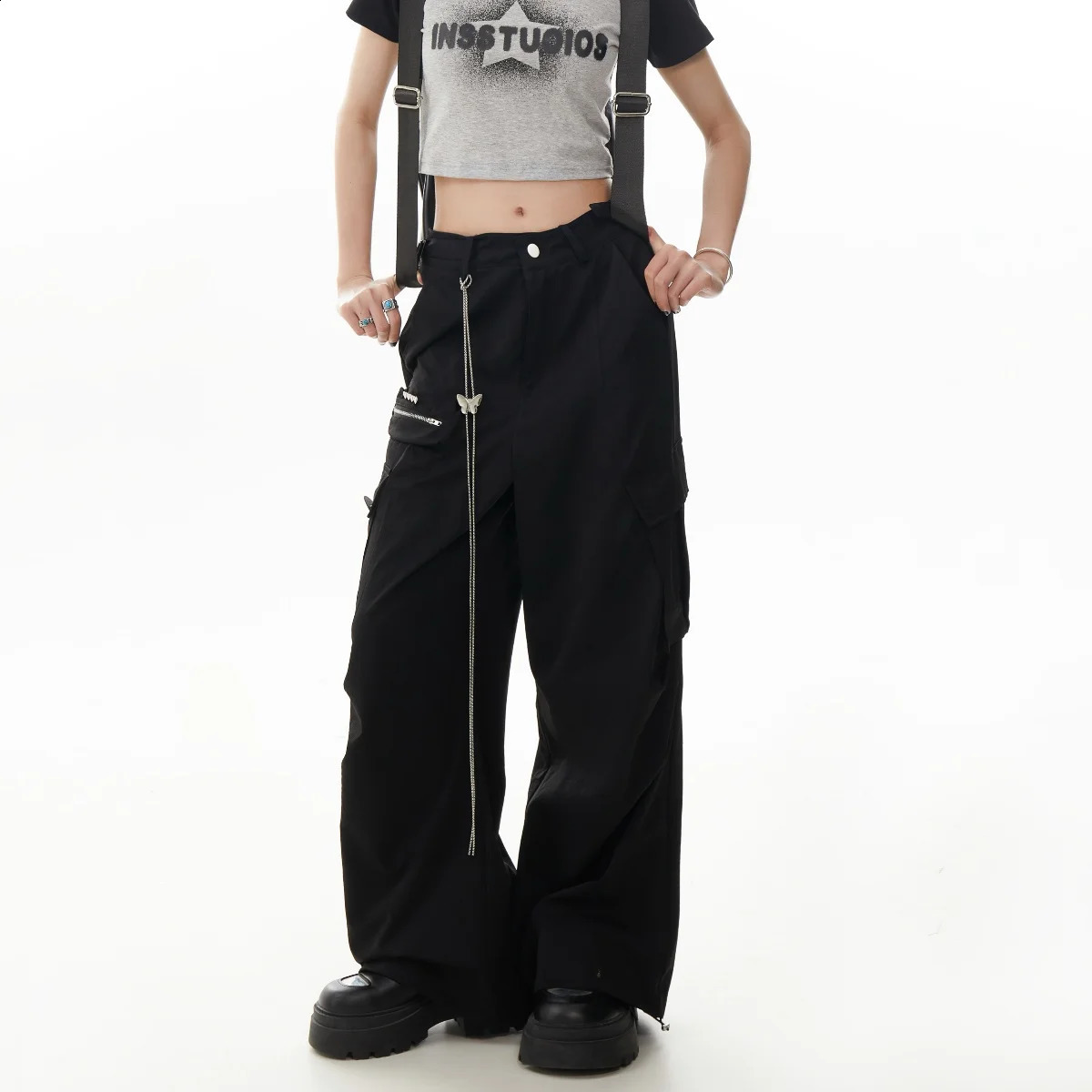 Womens Grey Baggy Cargo Pants Vintage Y2k Harajuku 90s Aesthetic Black Parachute Pants High Waist Wide Trousers 2000s Clothes 240821