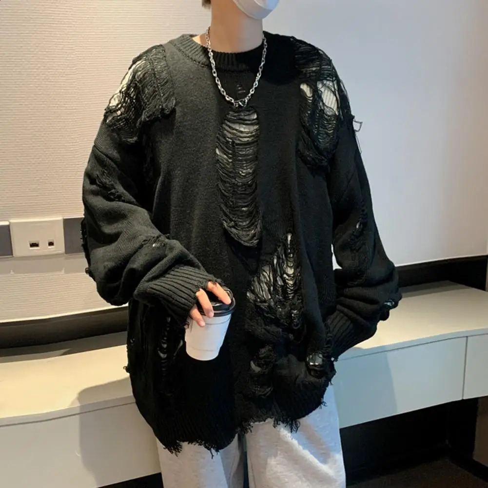 False Two-piece Sweater Solid Color Sweater Hop Inspired Mens Sweater with Ripped n Solid Color Knitted Hollow Out Pattern 240821