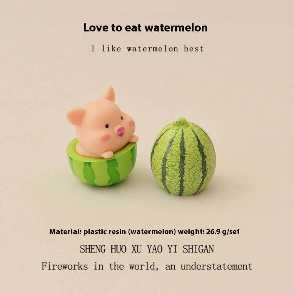 Cartoon creative cute mini micro landscape pig eating watermelon scene desktop decoration ornament OB11