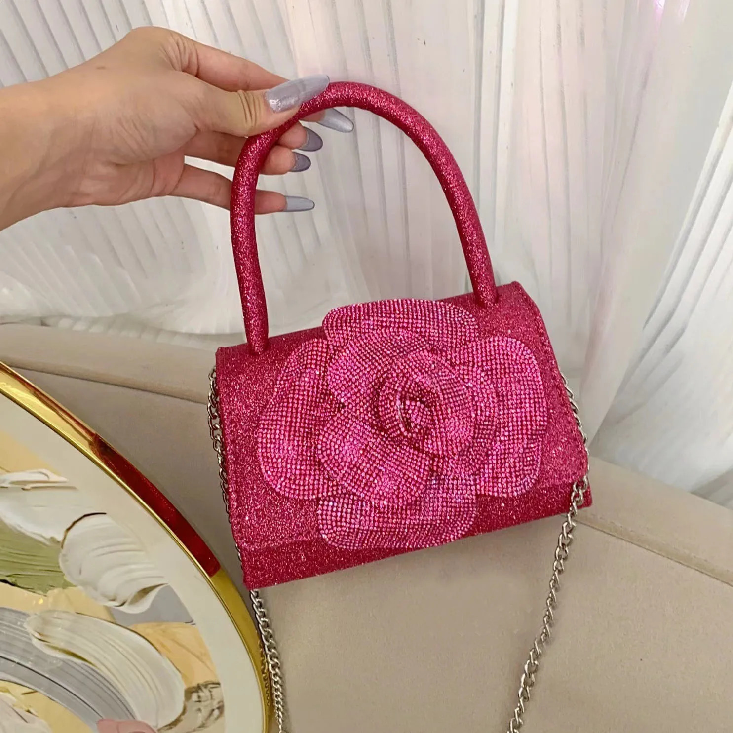 Fashion handbag sparkling pearl flower silver ball evening wedding wallet cute mini bag suitable for women Crusosbody 240821