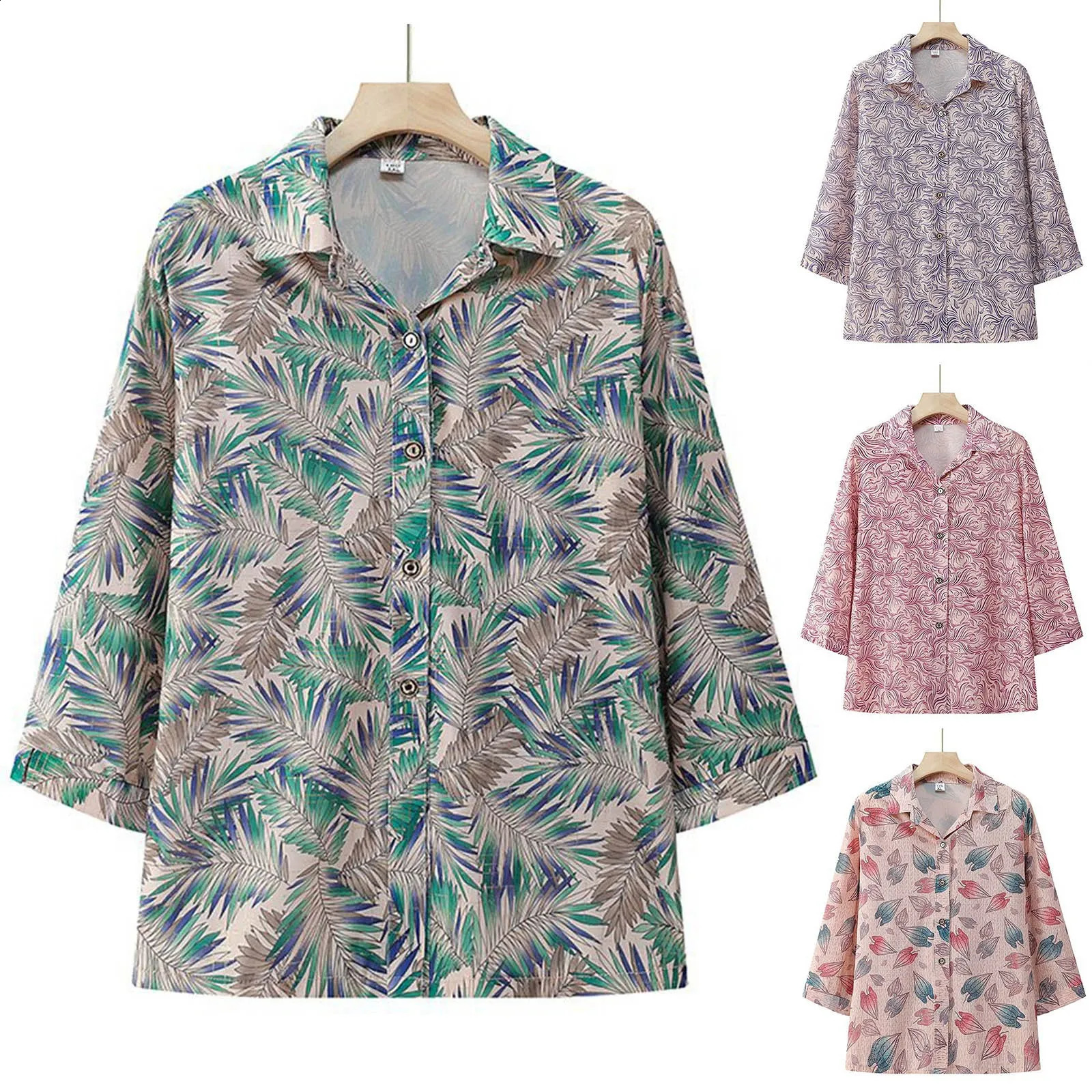 Autumn Bohemian style womens chiffon shirt retro leaf print lapel long sleeved top 240822