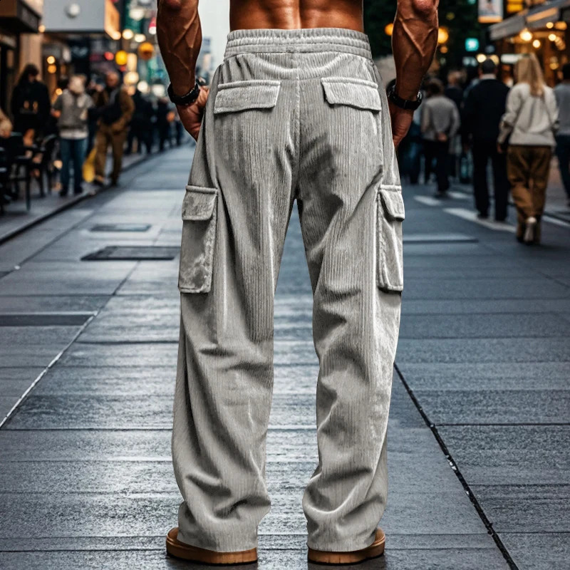 Men Vintage Solid Color Drawstring Stitch Pockets Trousers Male 2024 Sweatpants Streetwear Autumn Loose Corduroy Cargo Pants 240821