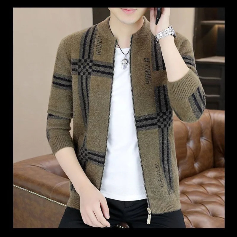 Mens Clothing Temperament Versatile Autumn and Winter Korean Version Fashion Zipper Print Round Neck Long Sleeve Sweater 240821