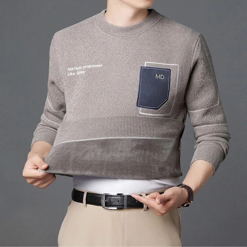 Autumn and winter mens floral round neck solid color letter printing embroidery plush thick sweater knitted bottom top 240821