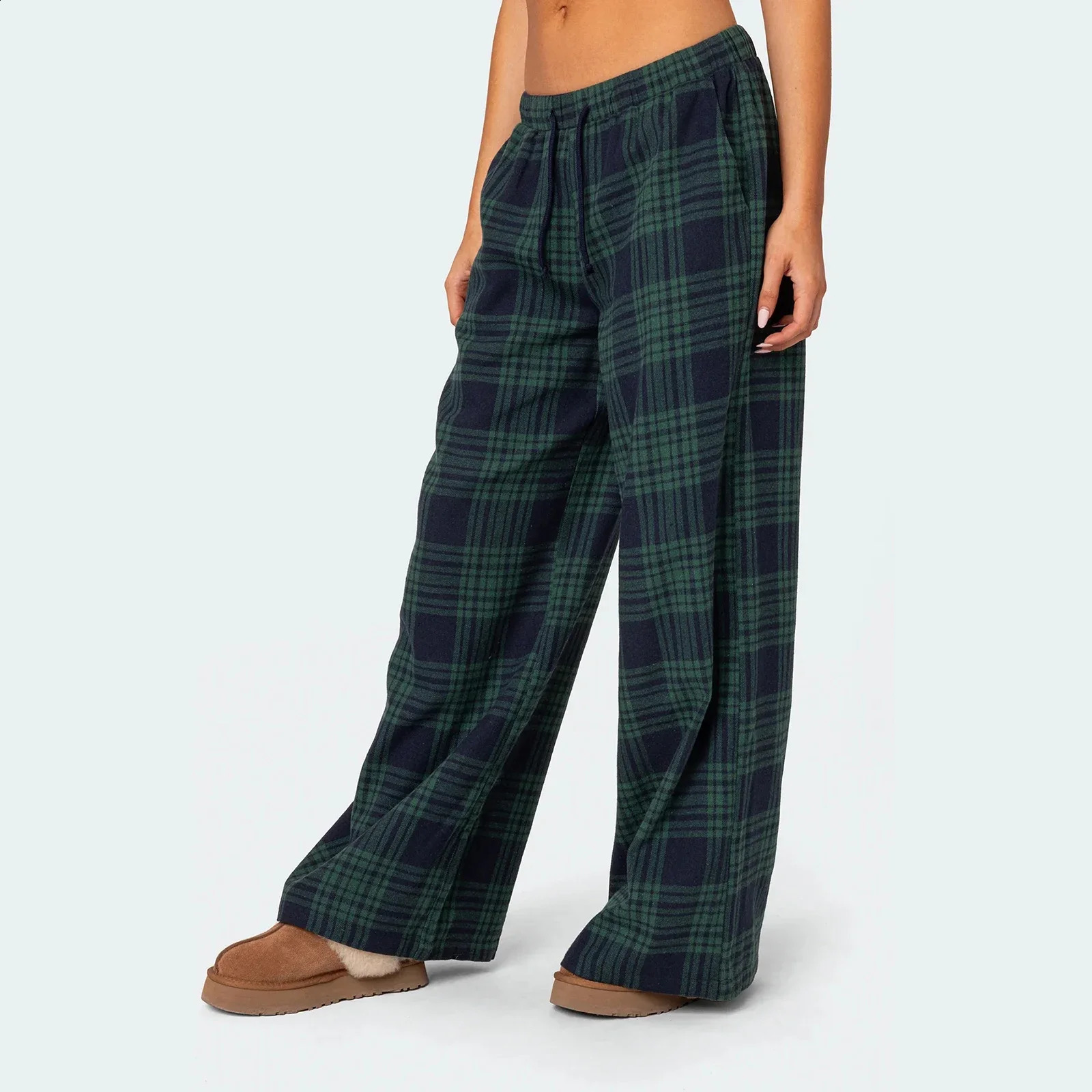 Combhasaki Women Y2K Vintage Casual Long Trousers Plaid Print Elastic Wide Low Waist Loose Wide Leg Lounging Pants with Pockets 240821