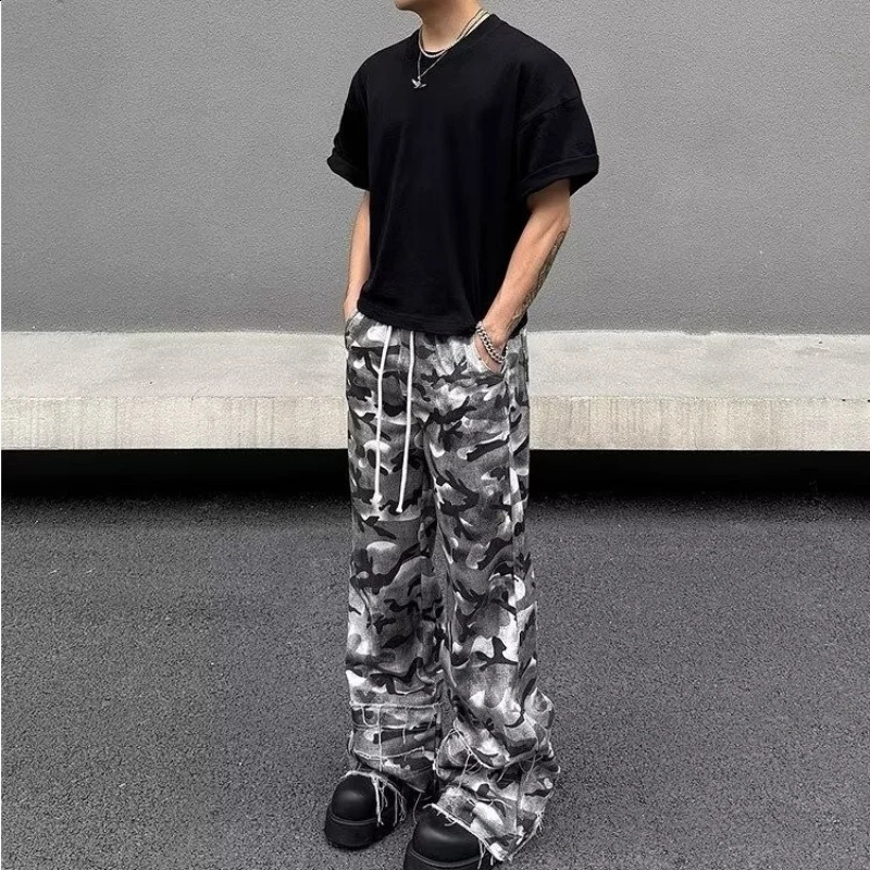Hip hop camouflage cargo pants mens dyed color block trend drag All Over Street American punk motorcycle Trojan horse 240821