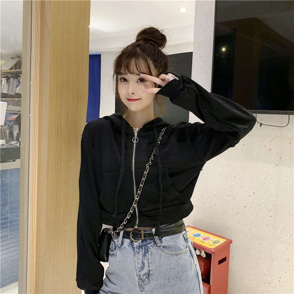 autumn new women's cardigan long sleeved sweatshirt jacket women hooded high waisted solid color short top ins trend dongdumaoyi
