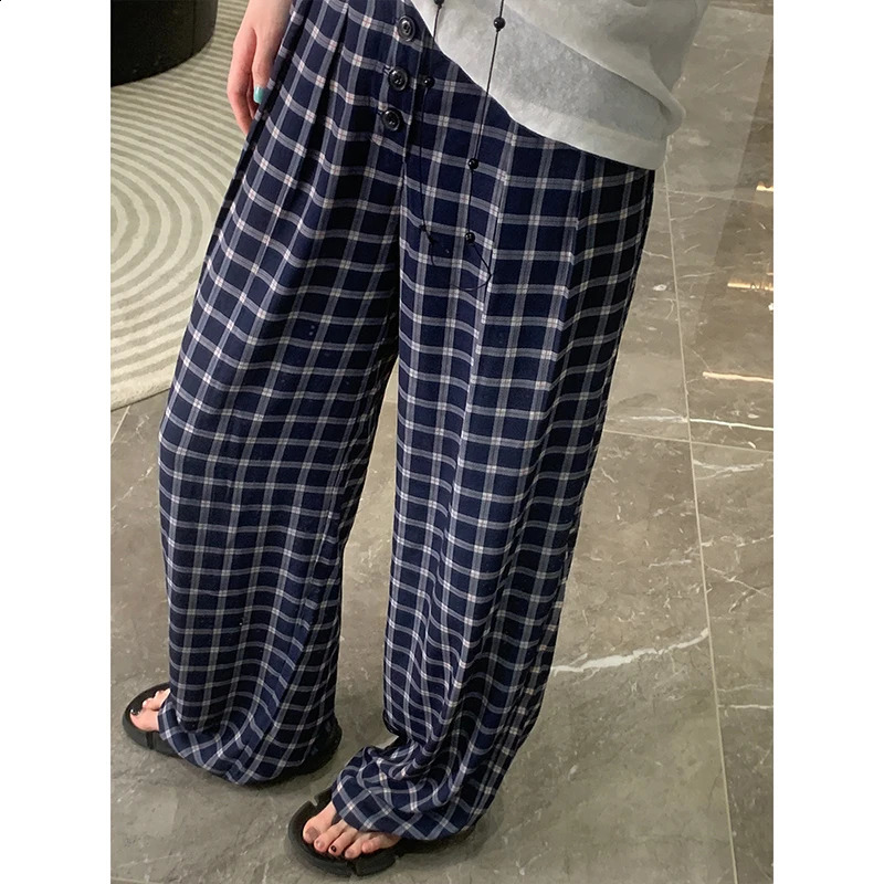 Plaid Blue Straight Long Pant Woman High Waist Buttons Pockets Loose Trousers Autumn Casual Harajuku Streetwear Baggy Pants Y2k 240821