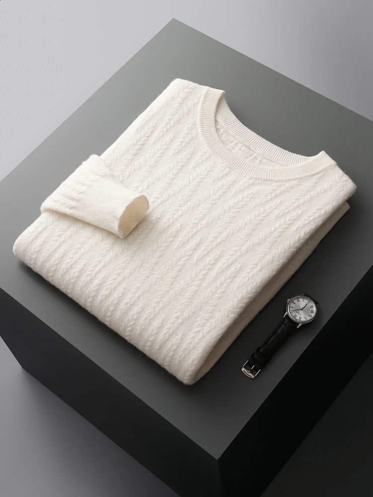 ADDONEE Autumn Winter Men Cashmere Sweater Cable Knit O-neck Thick Pullover 100% Merino Wool Knitwear Soft Warm Clothing Tops 240821